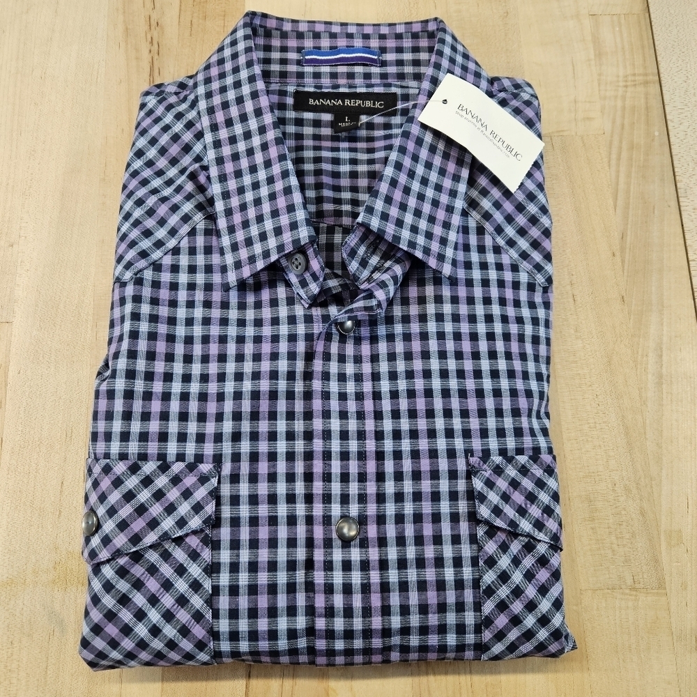 Banana Republic Mens L Pearl Snap Urban Cowboy Western Style Double Pocket Shirt